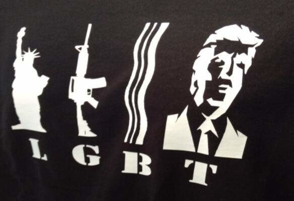 The image displays the letters L, G, B, T. Each letter is represented by an icon: L is the Statue of Liberty, G is an assault rifle, B is bacon strips, and T is Donald Trump's face.