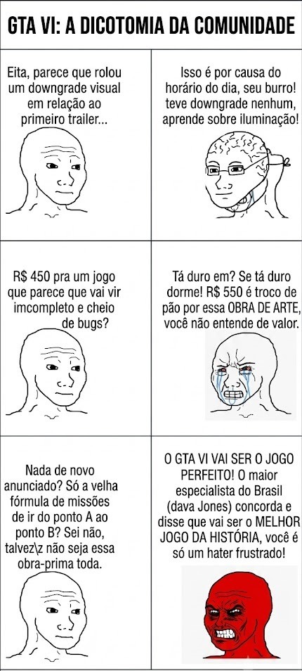 GTA VI: A DICOTOMIA DA COMUNIDADE
Eita, parece que rolou um downgrade visual em relação ao primeiro trailer...
Isso é por causa do horário do dia, seu burro! teve downgrade nenhum, aprende sobre iluminação!
R$ 450 pra um jogo que parece que vai vir incompleto e cheio de bugs?
Tá duro em? Se tá duro dorme! R$ 550 é troco de pão por essa OBRA DE ARTE