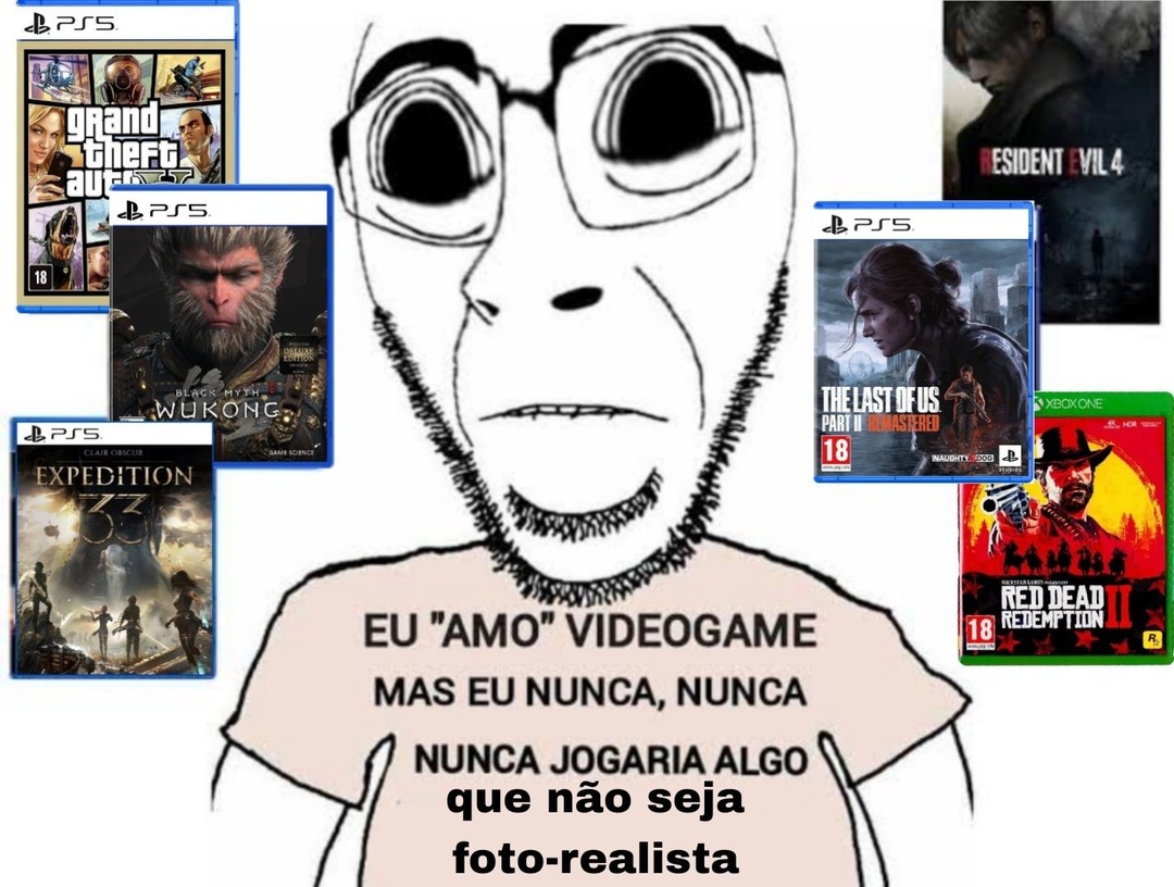 EU 'AMO' VIDEOGAME MAS EU NUNCA, NUNCA NUNCA JOGARIA ALGO que não seja foto-realista. Jogos mostrados: Grand Theft Auto V, Black Myth: Wukong, Expedition 33, Resident Evil 4, The Last of Us Part II Remastered, Red Dead Redemption II.