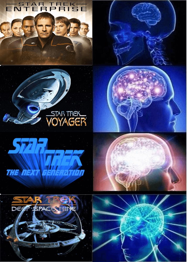 STAR TREK ENTERPRISE STAR TREK VOYAGER STAR TREK THE NEXT GENERATION STAR TREK DEEP SPACE NINE. Este es un meme del cerebro expandiéndose que muestra una preferencia creciente por las series de Star Trek, culminando en Deep Space Nine como la opción superior o más 'iluminada'.