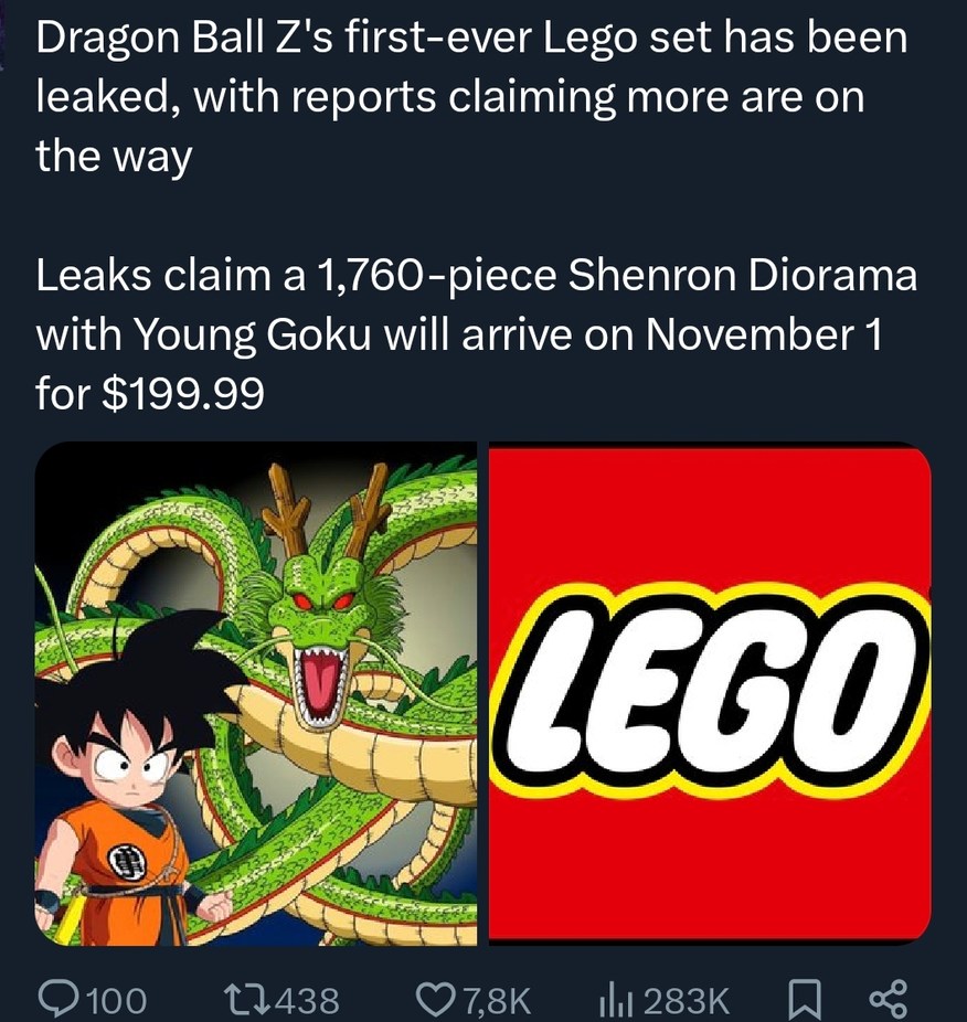 Dragon Ball Z's first-ever Lego set has been leaked, with reports claiming more are on the way. Leaks claim a 1,760-piece Shenron Diorama with Young Goku will arrive on November 1 for $199.99.