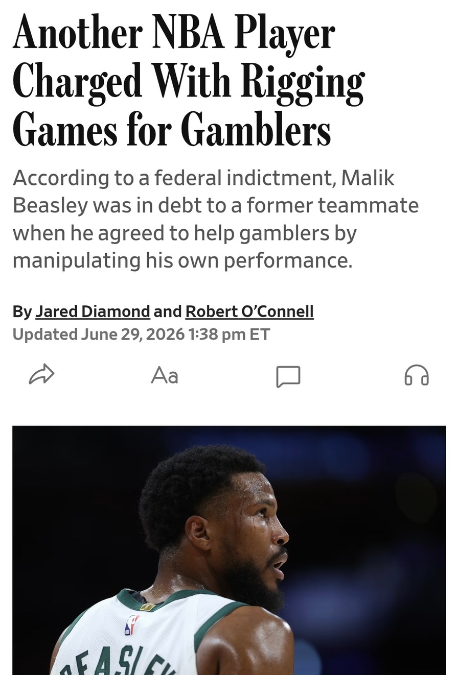 Another NBA Player Charged With Rigging Games for Gamblers. According to a federal indictment, Malik Beasley was in debt to a former teammate when he agreed to help gamblers by manipulating his own performance. By Jared Diamond and Robert O'Connell. Updated June 29, 2026 1:38 pm ET.