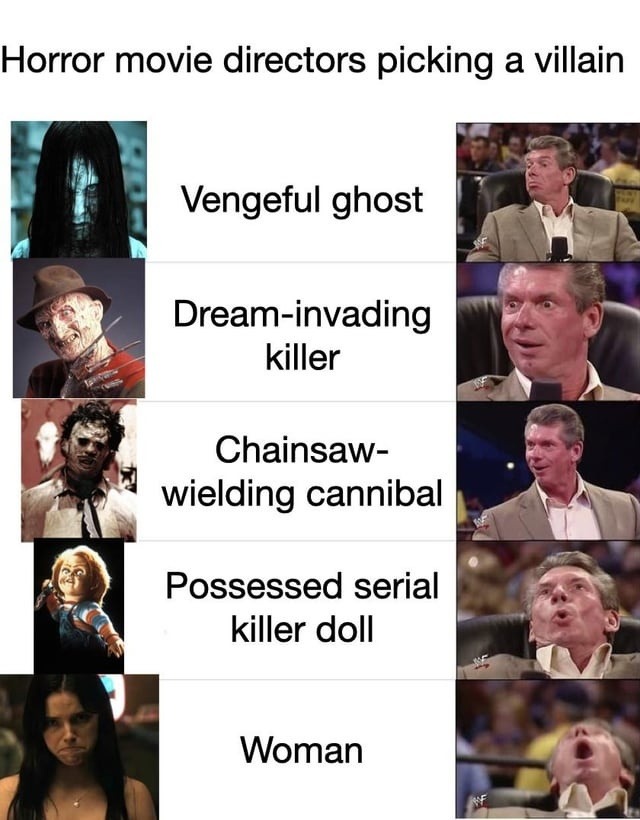 Horror movie directors picking a villain Vengeful ghost Dream-invading killer Chainsaw-wielding cannibal Possessed serial killer doll Woman