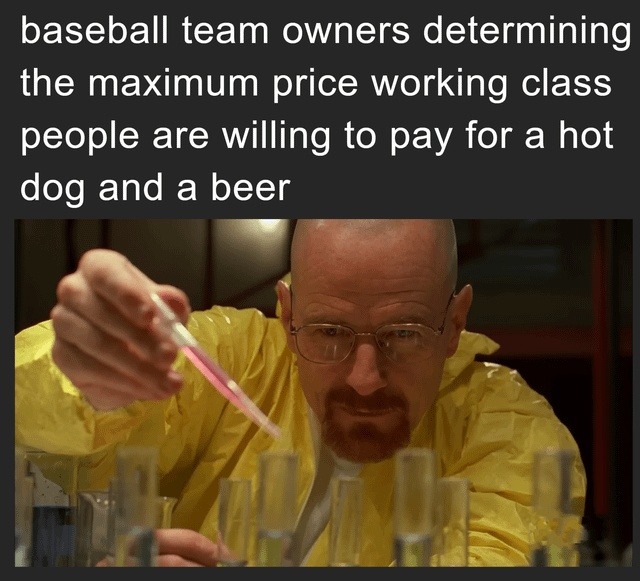 baseball team owners determining the maximum price working class people are willing to pay for a hot dog and a beer