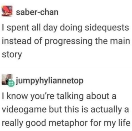 I spent all day doing sidequests instead of progressing the main story. I know you're talking about a videogame but this is actually a really good metaphor for my life.