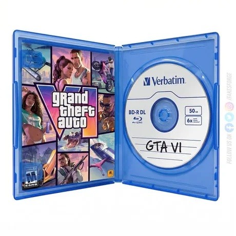 Grand Theft Auto V game case with a blank Verbatim BD-R DL disc inside, handwritten 'GTA VI' on it. The case cover shows various scenes and characters from GTA V, including a woman in a bikini, a man with a gun, a helicopter, and a motorcycle. The disc details include '50 GB' and '6x'. Social media handles '/FAKESFORGE' are visible on the side.