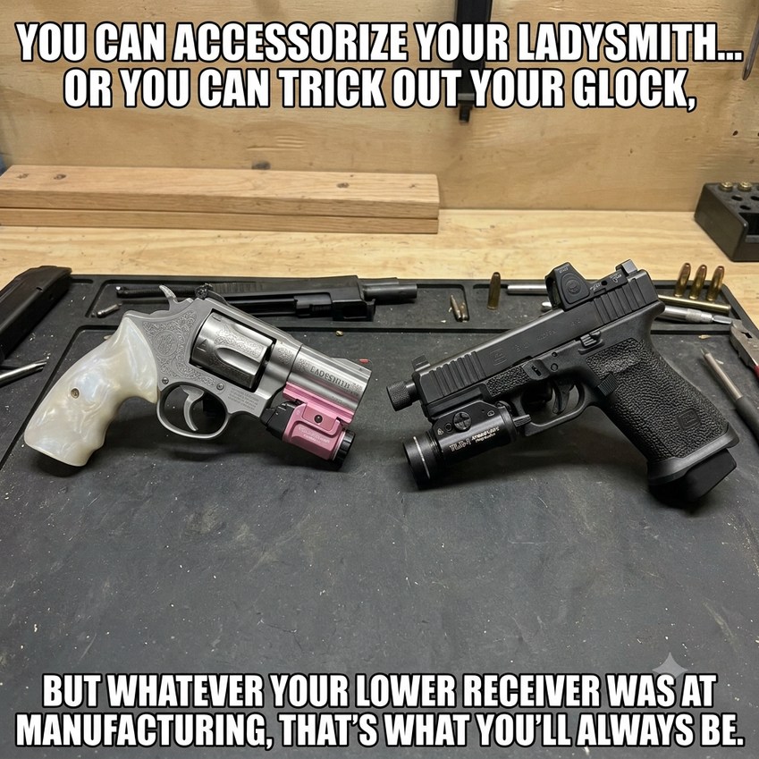 YOU CAN ACCESSORIZE YOUR LADYSMITH... OR YOU CAN TRICK OUT YOUR GLOCK, BUT WHATEVER YOUR LOWER RECEIVER WAS AT MANUFACTURING, THAT'S WHAT YOU'LL ALWAYS BE.