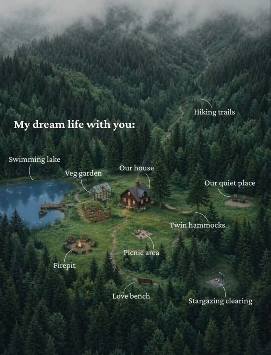 My dream life with you: Swimming lake Veg garden Our house Firepit Love bench Hiking trails Our quiet place Twin hammocks Picnic area Stargazing clearing