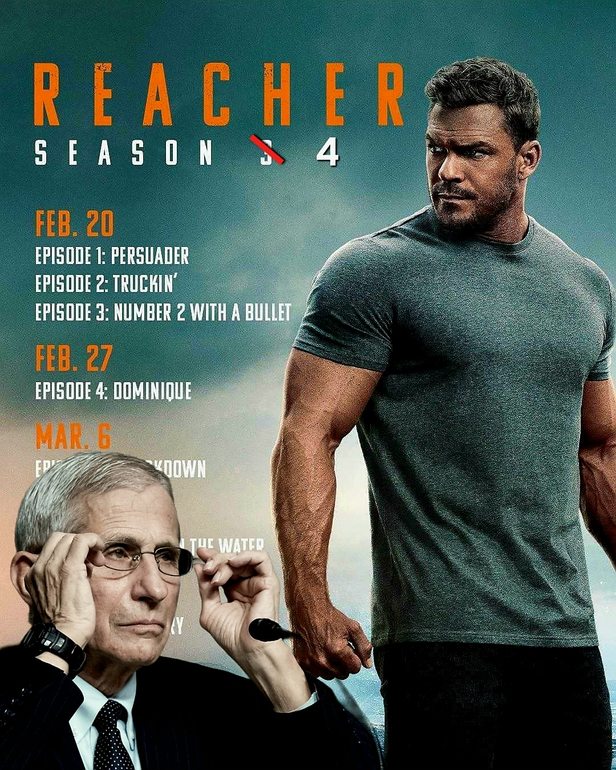 REACHER SEASON 3 4 FEB. 20 EPISODE 1: PERSUADER EPISODE 2: TRUCKIN' EPISODE 3: NUMBER 2 WITH A BULLET FEB. 27 EPISODE 4: DOMINIQUE MAR. 6 EPISODE 5: LOCKDOWN EPISODE 6: THE WATER EPISODE 7: