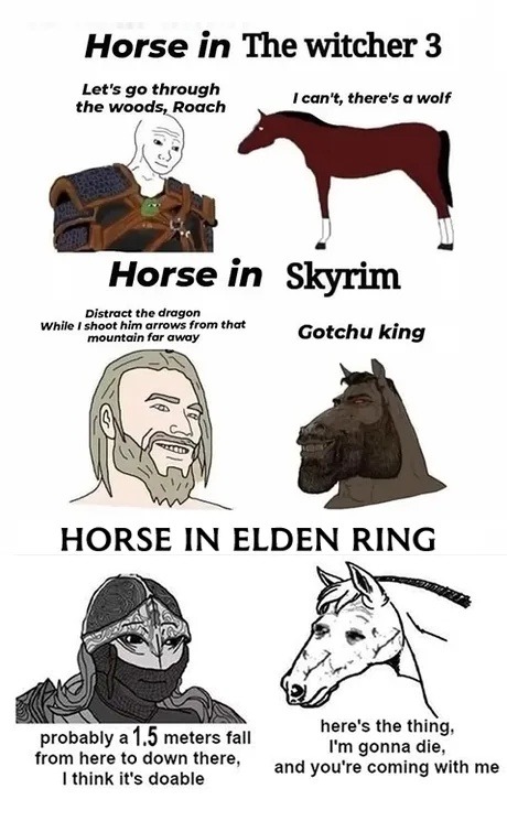 Horse in The Witcher 3: Let's go through the woods, Roach. I can't, there's a wolf. Horse in Skyrim: Distract the dragon while I shoot him arrows from that mountain far away. Gotchu king. Horse in Elden Ring: Probably a 1.5 meters fall from here to down there, I think it's doable. Here's the thing, I'm gonna die, and you're coming with me.