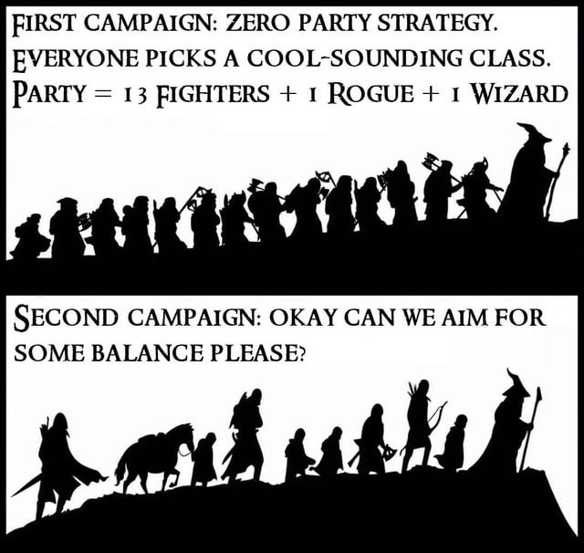 FIRST CAMPAIGN: ZERO PARTY STRATEGY. EVERYONE PICKS A COOL-SOUNDING CLASS. PARTY = 13 FIGHTERS + 1 ROGUE + 1 WIZARD. SECOND CAMPAIGN: OKAY CAN WE AIM FOR SOME BALANCE PLEASE?