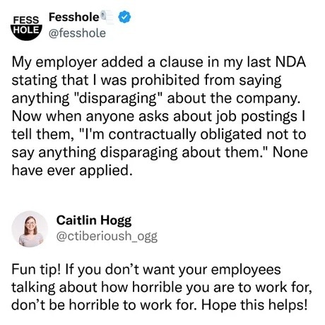 Fesshole @fesshole My employer added a clause in my last NDA stating that I was prohibited from saying anything 