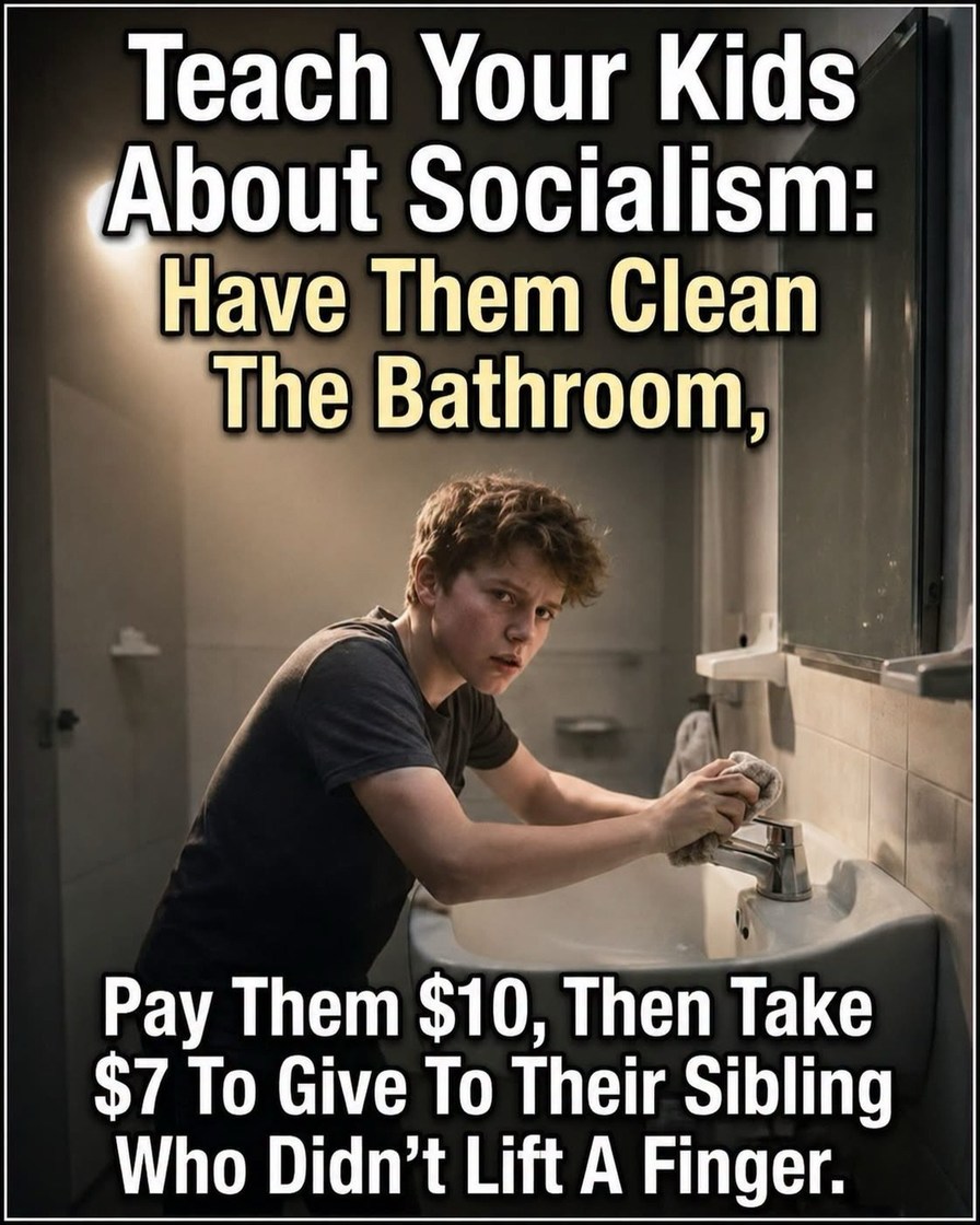 Teach Your Kids About Socialism: Have Them Clean The Bathroom, Pay Them $10, Then Take $7 To Give To Their Sibling Who Didn't Lift A Finger.