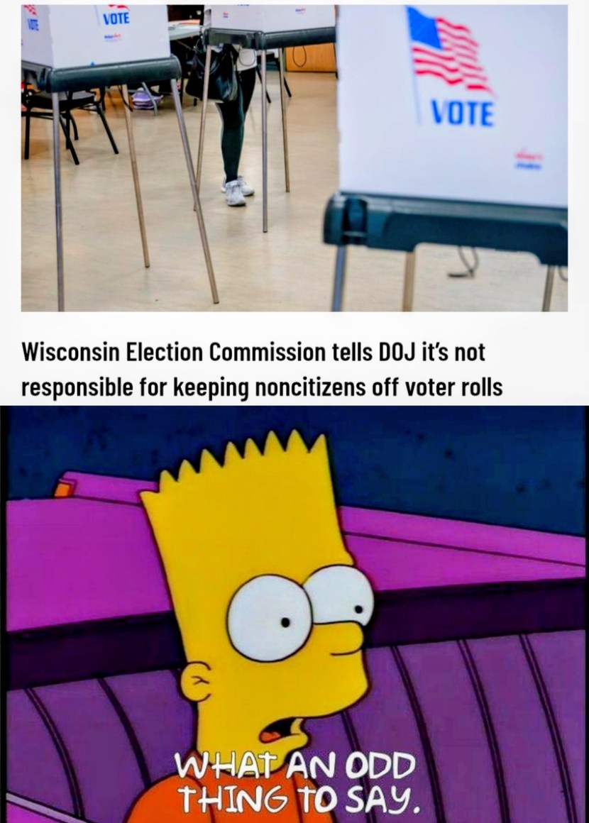 VOTE. Wisconsin Election Commission tells DOJ it's not responsible for keeping noncitizens off voter rolls. WHAT AN ODD THING TO SAY.