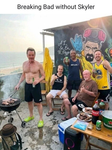 Breaking Bad without Skyler. A group of men, some resembling actors from Breaking Bad, are having a barbecue on a rooftop with a sea view. There's a graffiti of Walter White in a hazmat suit on the wall. On the table, there's a bag of blue crystals, reminiscent of the show's 'blue meth'. Text on wall: A.I. Se_Eu_Te_Pego.