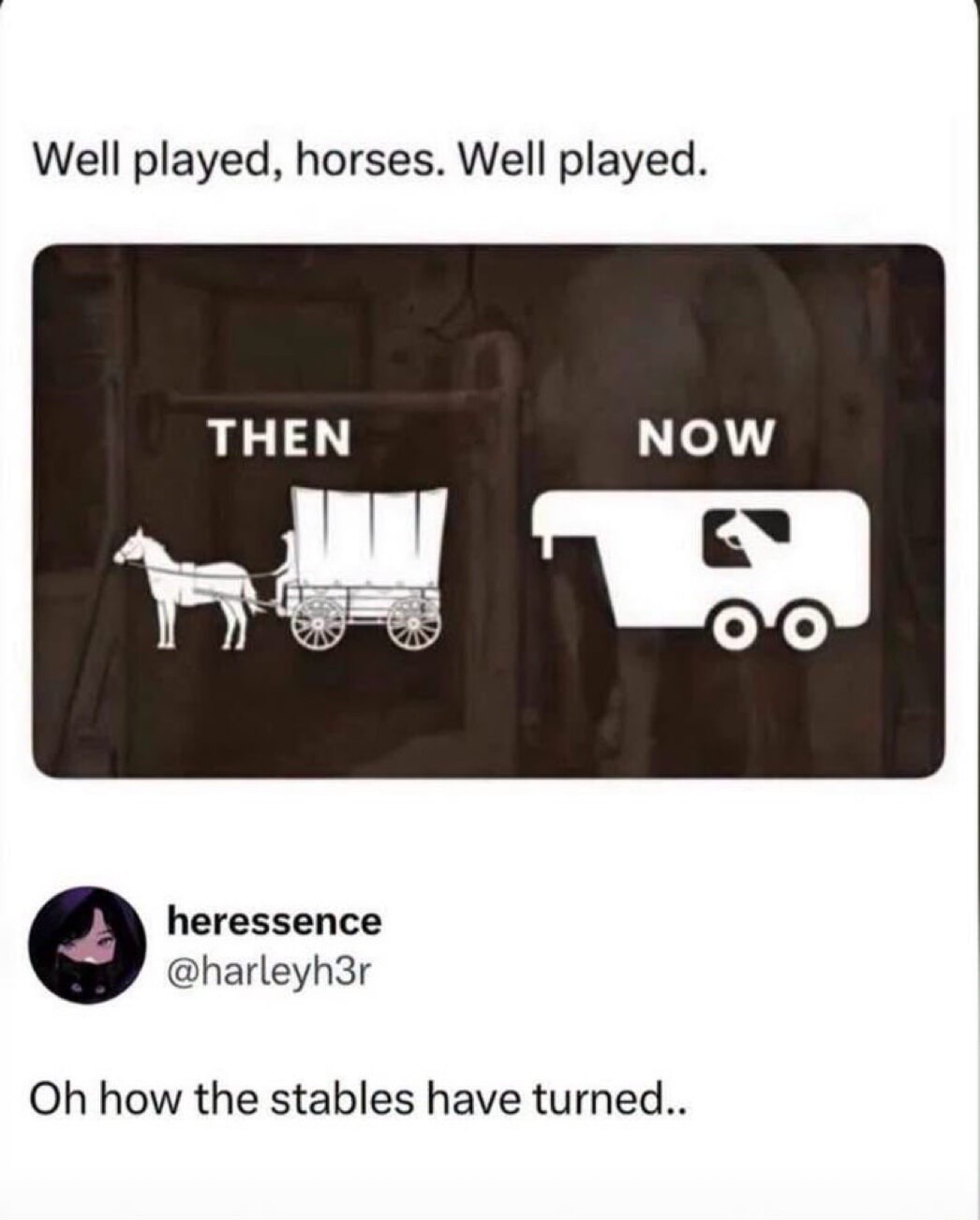 Well played, horses. Well played. THEN NOW heressence @harleyh3r Oh how the stables have turned..