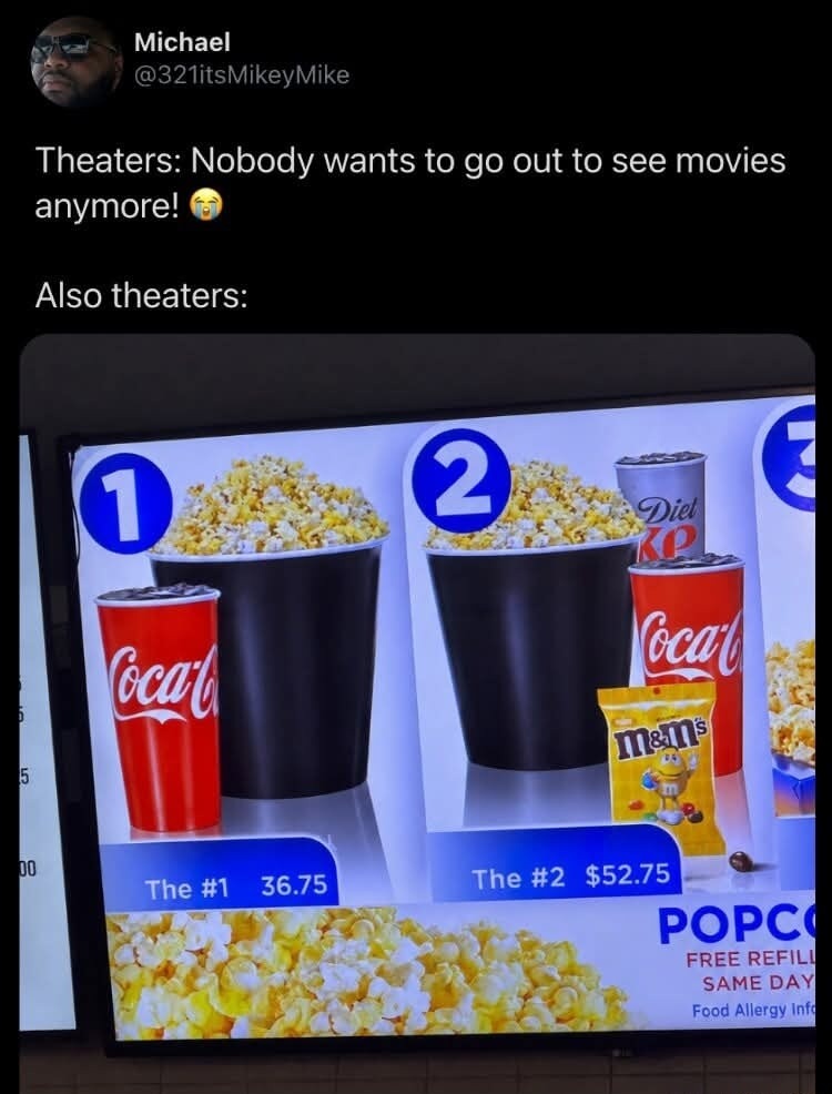 Theaters: Nobody wants to go out to see movies anymore! Also theaters: (Image shows a cinema concession stand menu with two combo options) Combo #1: Popcorn and Coca-Cola for $36.75. Combo #2: Popcorn, Diet Coke, Coca-Cola, and M&M's for $52.75. Below, it mentions 