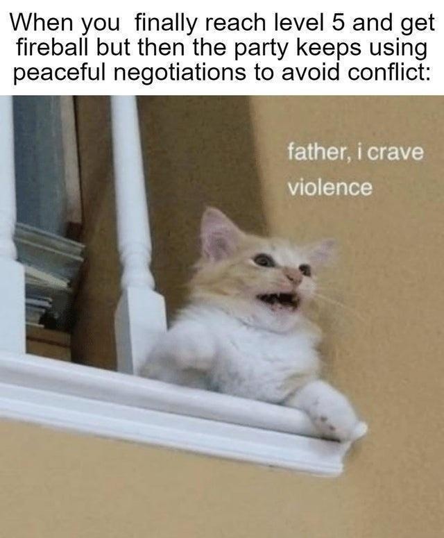 When you finally reach level 5 and get fireball but then the party keeps using peaceful negotiations to avoid conflict: father, i crave violence