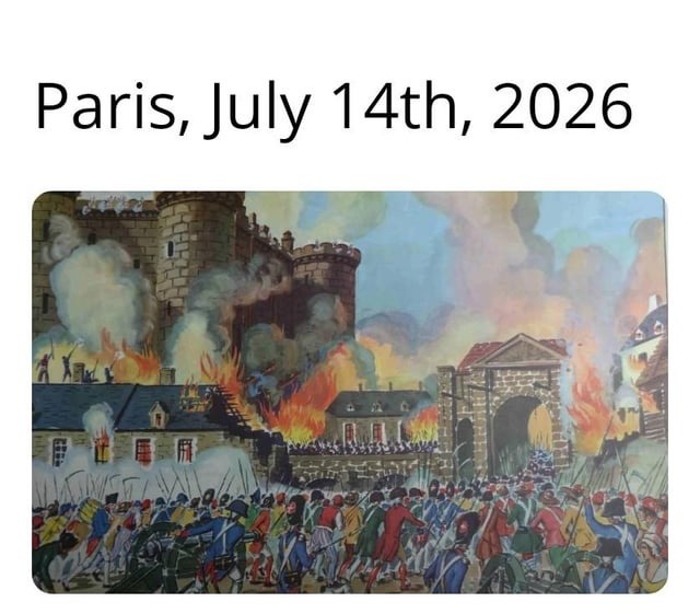 Paris, July 14th, 2026. The image depicts a historical painting of the storming of the Bastille, showing a large crowd of people, soldiers, a fortress, and buildings on fire.