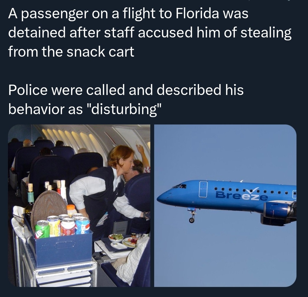 A passenger on a flight to Florida was detained after staff accused him of stealing from the snack cart. Police were called and described his behavior as 