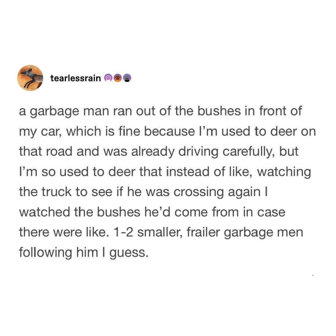teardlessrain a garbage man ran out of the bushes in front of my car, which is fine because I'm used to deer on that road and was already driving carefully, but I'm so used to deer that instead of like, watching the truck to see if he was crossing again I watched the bushes he'd come from in case there were like. 1-2 smaller, trailer garbage men fo