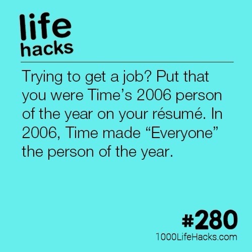 life hacks Trying to get a job? Put that you were Time's 2006 person of the year on your résumé. In 2006, Time made 