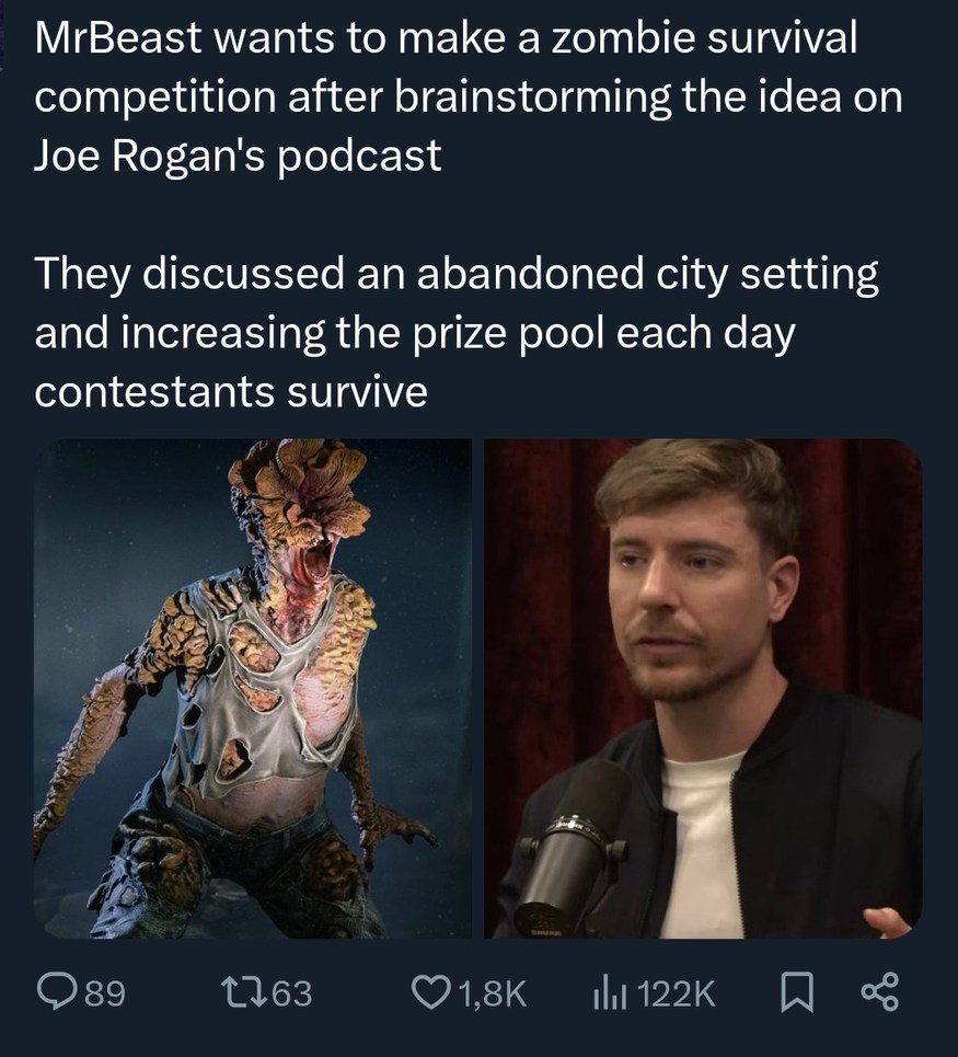 MrBeast wants to make a zombie survival competition after brainstorming the idea on Joe Rogan's podcast. They discussed an abandoned city setting and increasing the prize pool each day contestants survive.