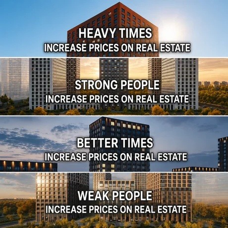 Heavy times increase prices on real estate. Strong people increase prices on real estate. Better times increase prices on real estate. Weak people increase prices on real estate.