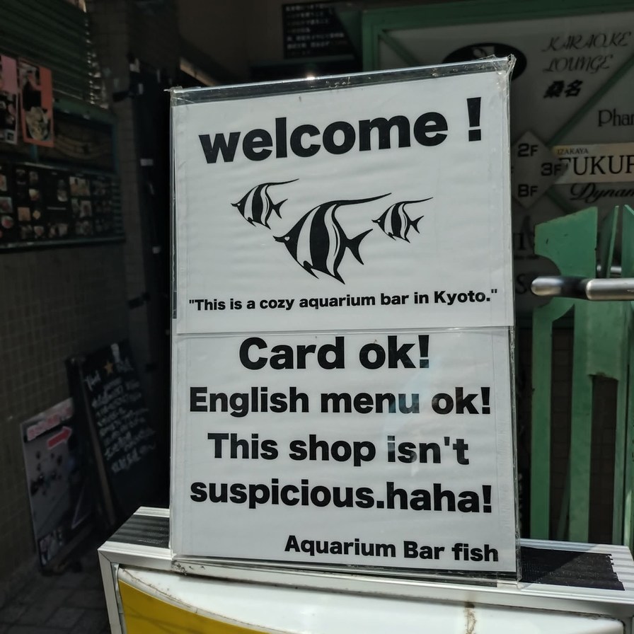welcome! This is a cozy aquarium bar in Kyoto. Card ok! English menu ok! This shop isn't suspicious.haha! Aquarium Bar fish