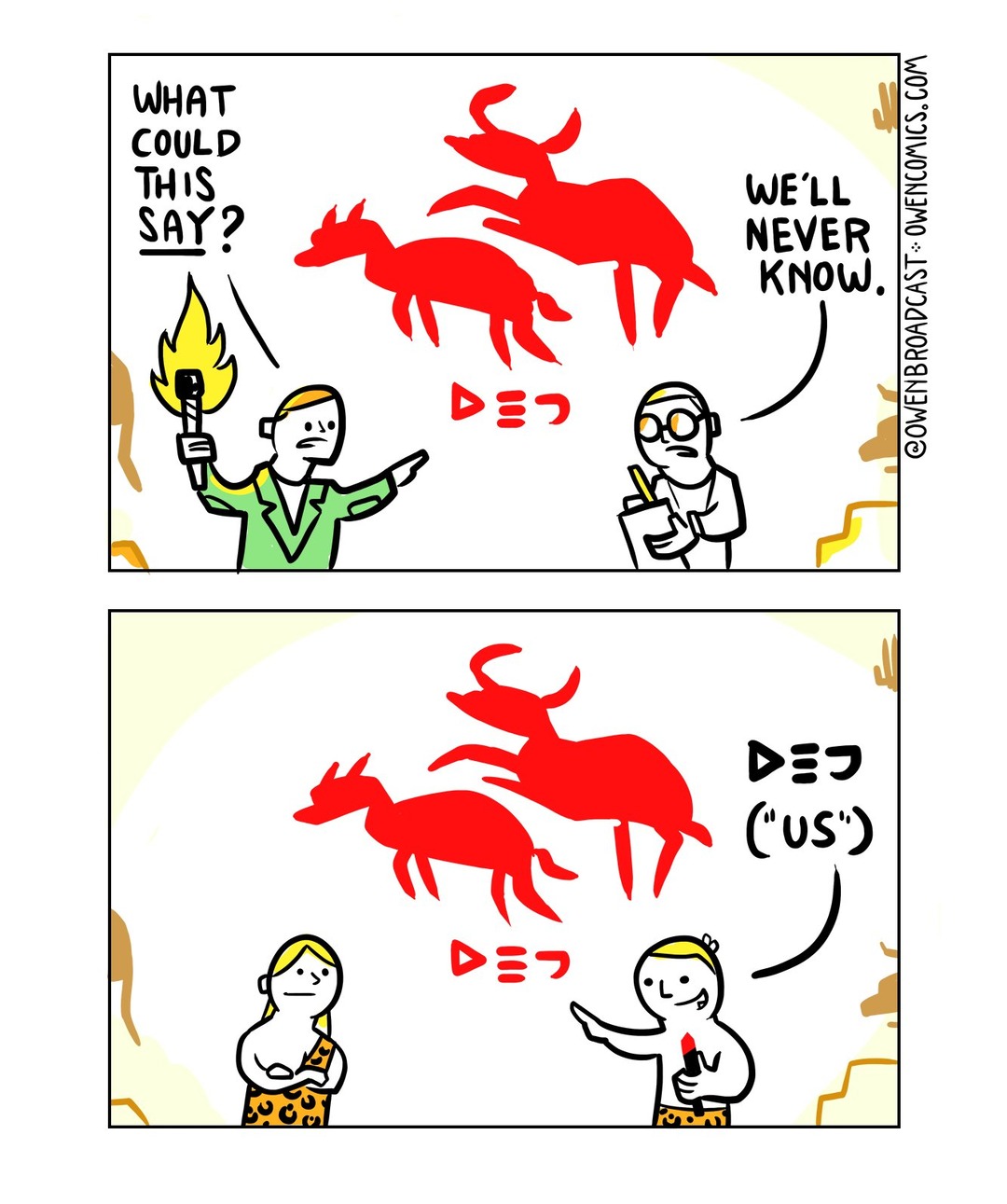 WHAT COULD THIS SAY? WE'LL NEVER KNOW. D=F ('US') @OWENBROADCAST • OWENCOMICS.COM