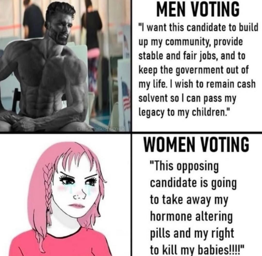 MEN VOTING: I want this candidate to build up my community, provide stable and fair jobs, and to keep the government out of my life. I wish to remain cash solvent so I can pass my legacy to my children. WOMEN VOTING: This opposing candidate is going to take away my hormone altering pills and my right to kill my babies!!!!