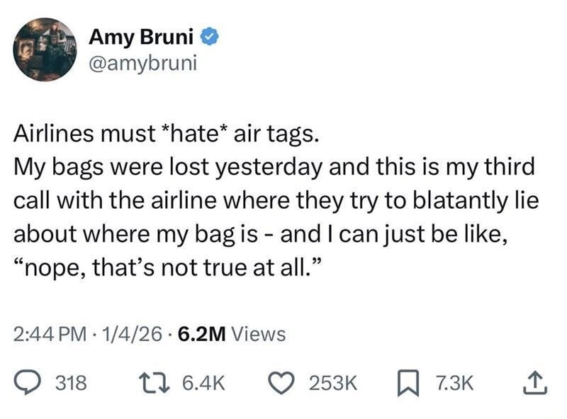 Airlines must *hate* air tags. My bags were lost yesterday and this is my third call with the airline where they try to blatantly lie about where my bag is - and I can just be like, 