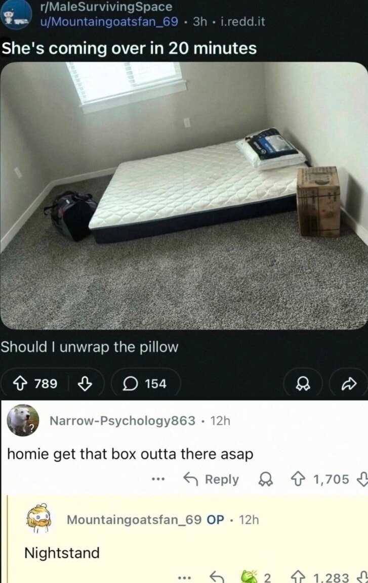 She's coming over in 20 minutes. Should I unwrap the pillow. homie get that box outta there asap. Nightstand.