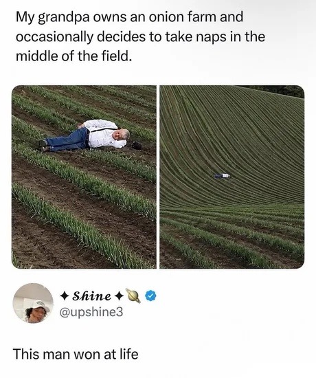 My grandpa owns an onion farm and occasionally decides to take naps in the middle of the field. This man won at life.