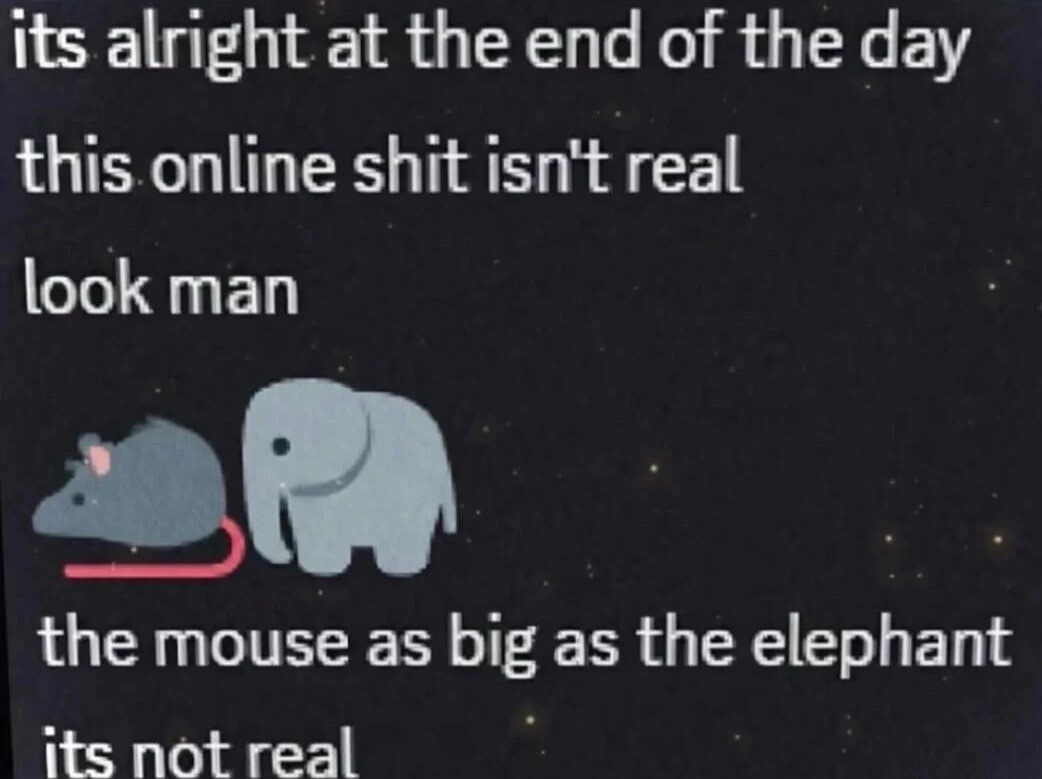 its alright at the end of the day this online shit isn't real look man the mouse as big as the elephant its not real