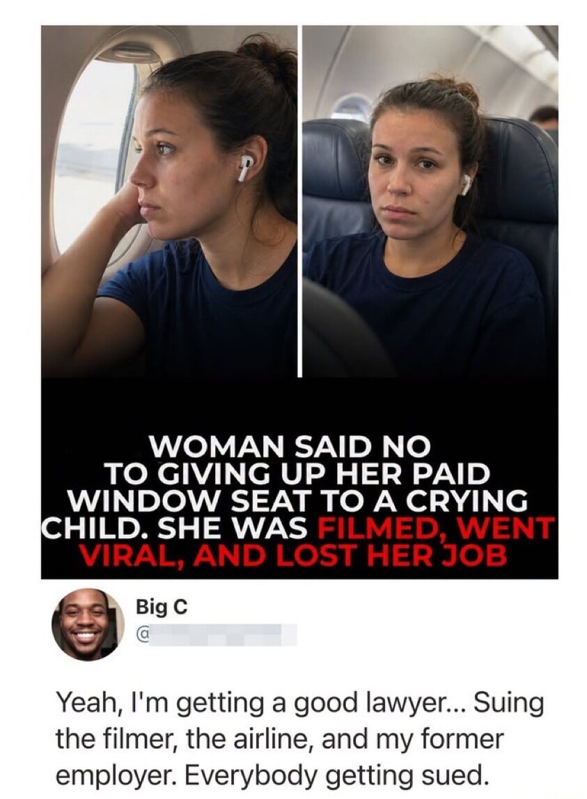 WOMAN SAID NO TO GIVING UP HER PAID WINDOW SEAT TO A CRYING CHILD. SHE WAS FILMED, WENT VIRAL, AND LOST HER JOB. Big C. Yeah, I'm getting a good lawyer... Suing the filmer, the airline, and my former employer. Everybody getting sued.
