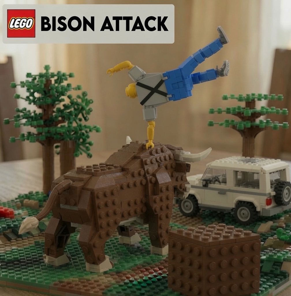 LEGO BISON ATTACK. A LEGO scene depicting a minifigure performing a handstand on the back of a large brown LEGO bison. In the background, there's a white LEGO car and several LEGO trees, creating a playful outdoor setting.