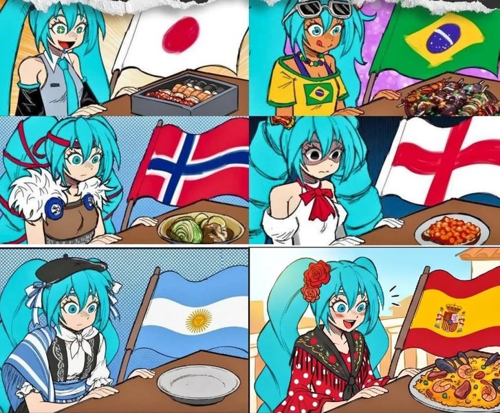 Hatsune Miku em diferentes países e suas comidas típicas. Japão: sushi. Brasil: churrasco. Noruega: prato tradicional (possivelmente lutefisk ou similar). Inglaterra: feijão cozido. Argentina: prato vazio. Espanha: paella.