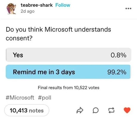 Do you think Microsoft understands consent? Yes 0.8% Remind me in 3 days 99.2% Final results from 10,522 votes