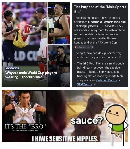 NEW YORK POST Why are male World Cup players wearing... sports bras? The Purpose of the 'Male Sports Bra'. These garments are known in sports science as Electronic Performance and Tracking Systems (EPTS) vests. They are standard equipment for elite athletes —most notably professional soccer players in leagues like the Premier League and at the FIFA
