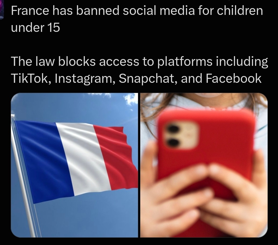 France has banned social media for children under 15. The law blocks access to platforms including TikTok, Instagram, Snapchat, and Facebook.