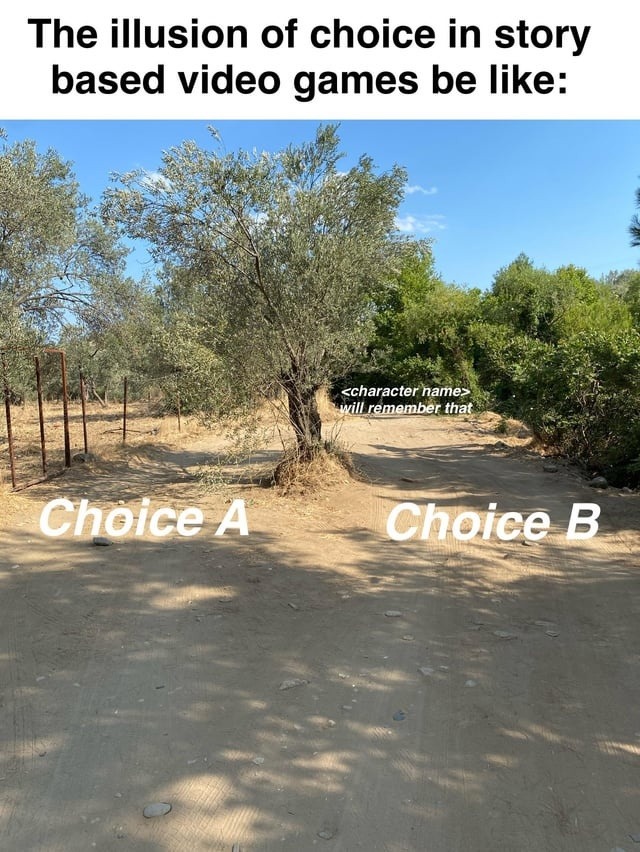 The illusion of choice in story based video games be like: Choice A Choice B <character name> will remember that