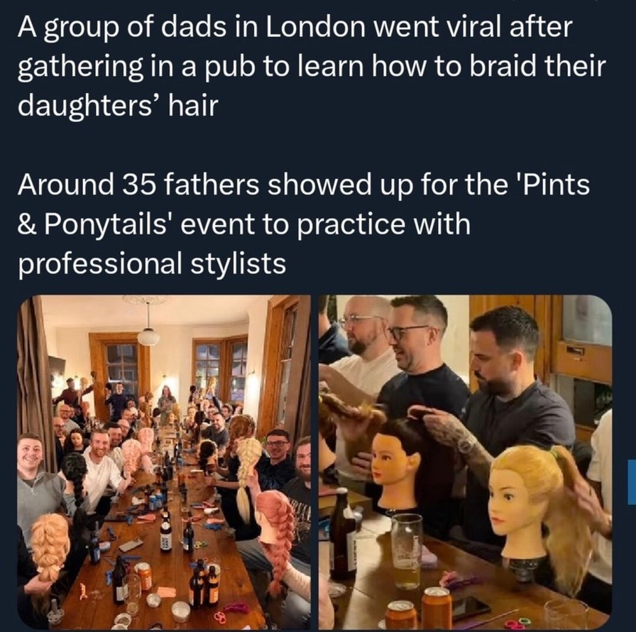 A group of dads in London went viral after gathering in a pub to learn how to braid their daughters' hair. Around 35 fathers showed up for the 'Pints & Ponytails' event to practice with professional stylists.