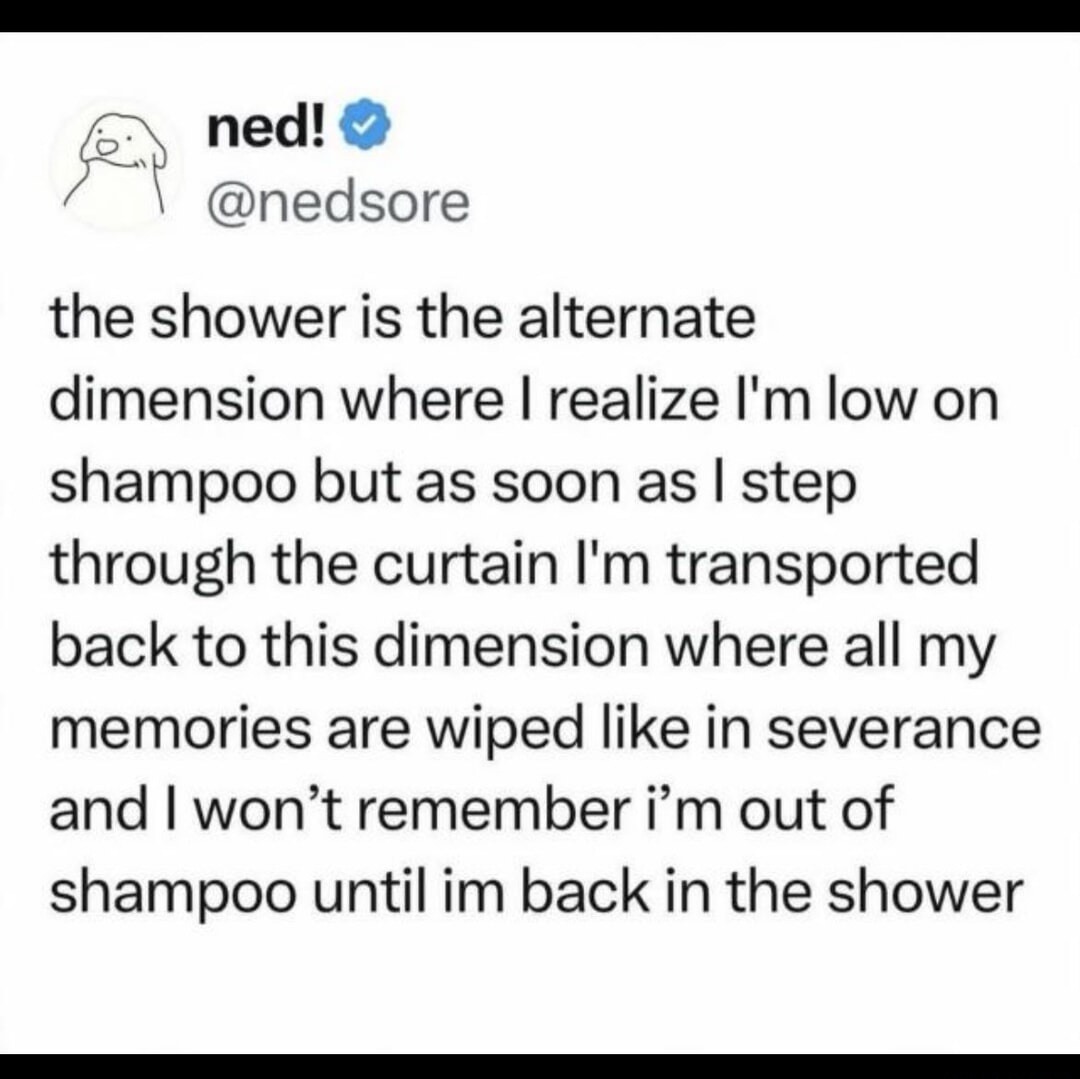 the shower is the alternate dimension where I realize I'm low on shampoo but as soon as I step through the curtain I'm transported back to this dimension where all my memories are wiped like in severance and I won't remember i'm out of shampoo until im back in the shower