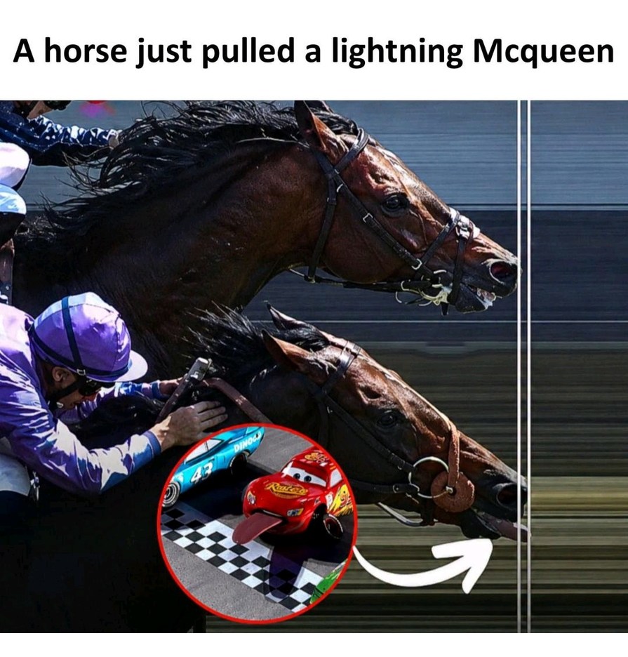 A horse just pulled a lightning McQueen