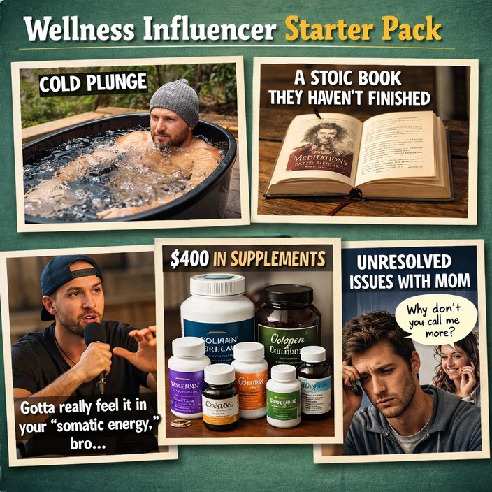 Wellness Influencer Starter Pack. COLD PLUNGE. A STOIC BOOK THEY HAVEN'T FINISHED. Gotta really feel it in your 