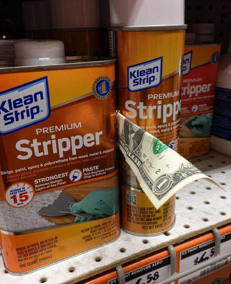 Klean Strip Premium Stripper. Strips paint, epoxy & polyurethanes from wood, metal & masonry. Strongest. Removes multiple Layers of Any Finish. Paste. Thick Brushable Formula Clings to Surfaces. Works in Less Than 15 Min. One Quart (946mL). A one dollar bill is tucked into the label of the can, creating a visual pun.