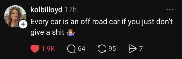 Every car is an off road car if you just don't give a shit 🤷‍♀️