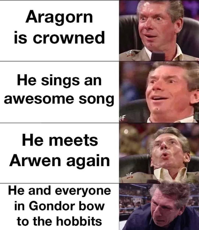 Aragorn is crowned. He sings an awesome song. He meets Arwen again. He and everyone in Gondor bow to the hobbits.