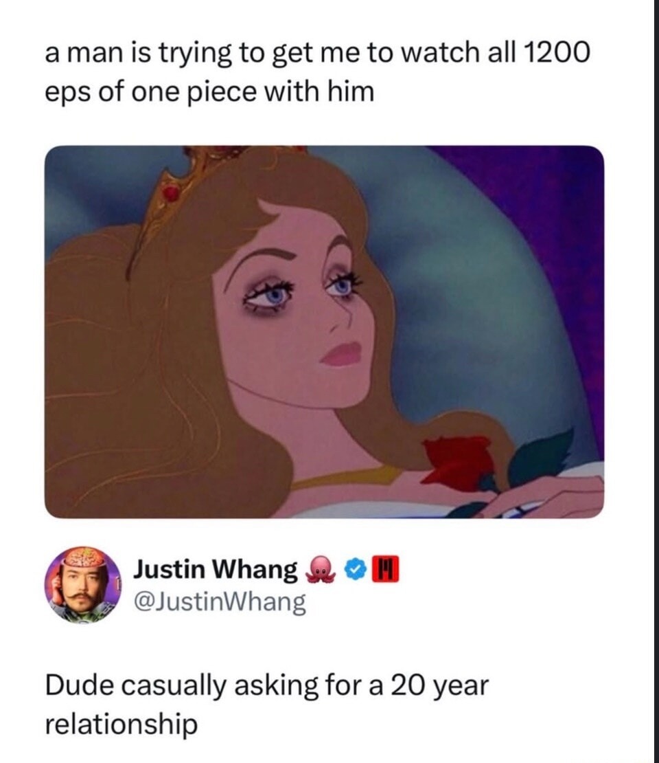 a man is trying to get me to watch all 1200 eps of one piece with him. Justin Whang @JustinWhang. Dude casually asking for a 20 year relationship.
